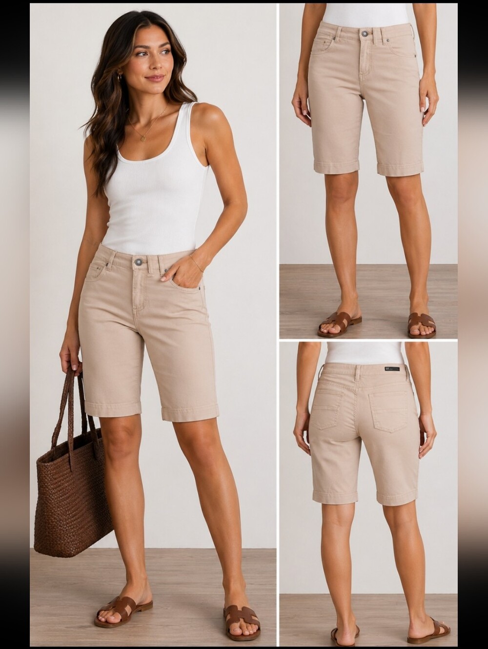 KUT From The Kloth Natalie Bermuda Shorts Womens Size 6 Beige Stretch Mid Rise